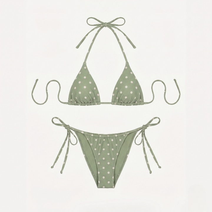 Bikini Olivette packshot produit seul triangle vert à pois